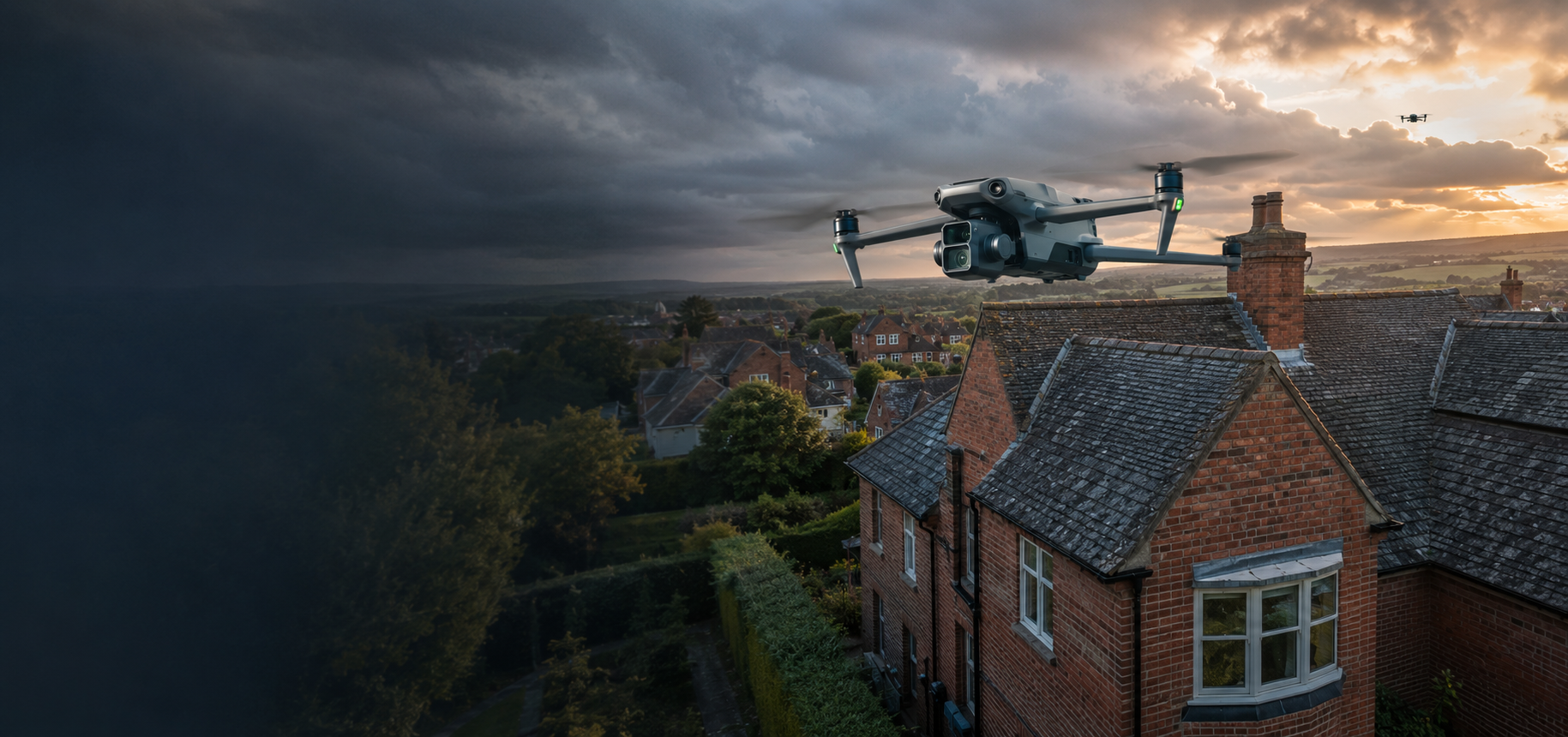 A professional drone carrying out a roof inspection over a British home